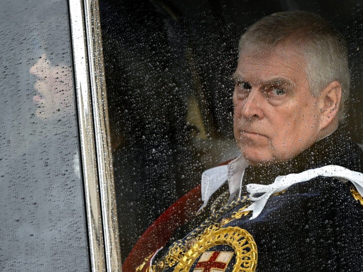 Britain's Prince Andrew, Duke of York leaves Westminster Abbey following the coronation ceremony of King Charles III and Queen Camilla on May 6, 2023 in London, England.