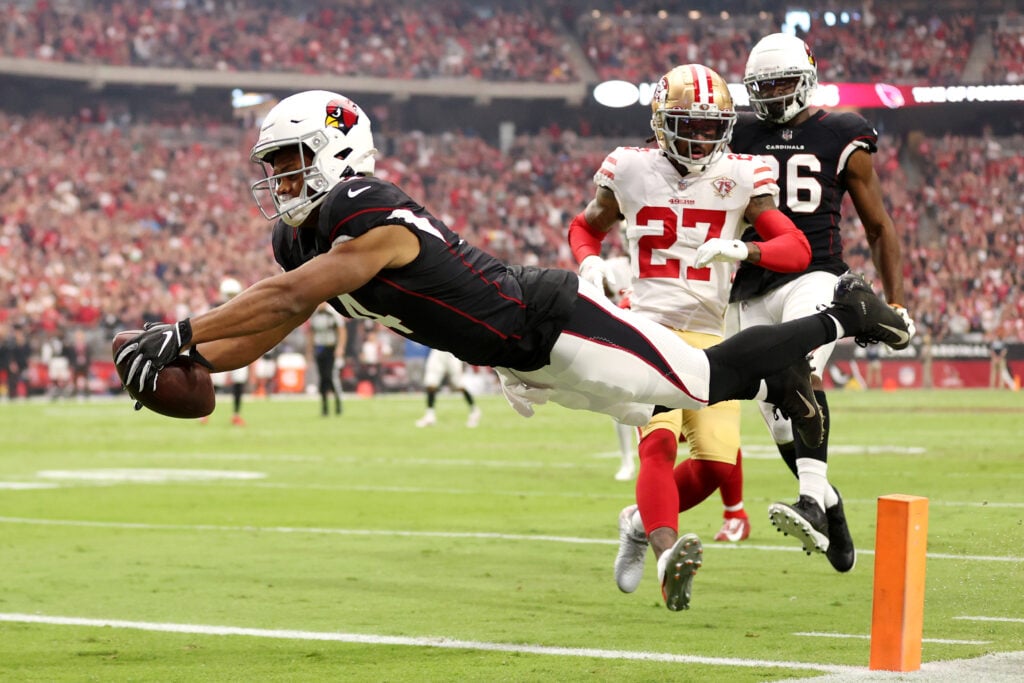 Rondale Moore #4 of the Arizona Cardinals dives for the endzone but comes up short during the first quarter against the San Francisco 49ers at State Farm Stadium on October 10, 2021 in Glendale, Arizona.