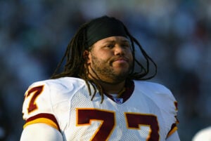 Lineman Tre Johnson #77 of the Washington Redskins on the sidelines during a game against the Jacksonville Jaguars on November 10, 2002 at Alltel Stadium in Jacksonville, Florida.