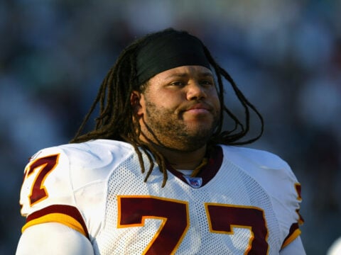 Lineman Tre Johnson #77 of the Washington Redskins on the sidelines during a game against the Jacksonville Jaguars on November 10, 2002 at Alltel Stadium in Jacksonville, Florida.