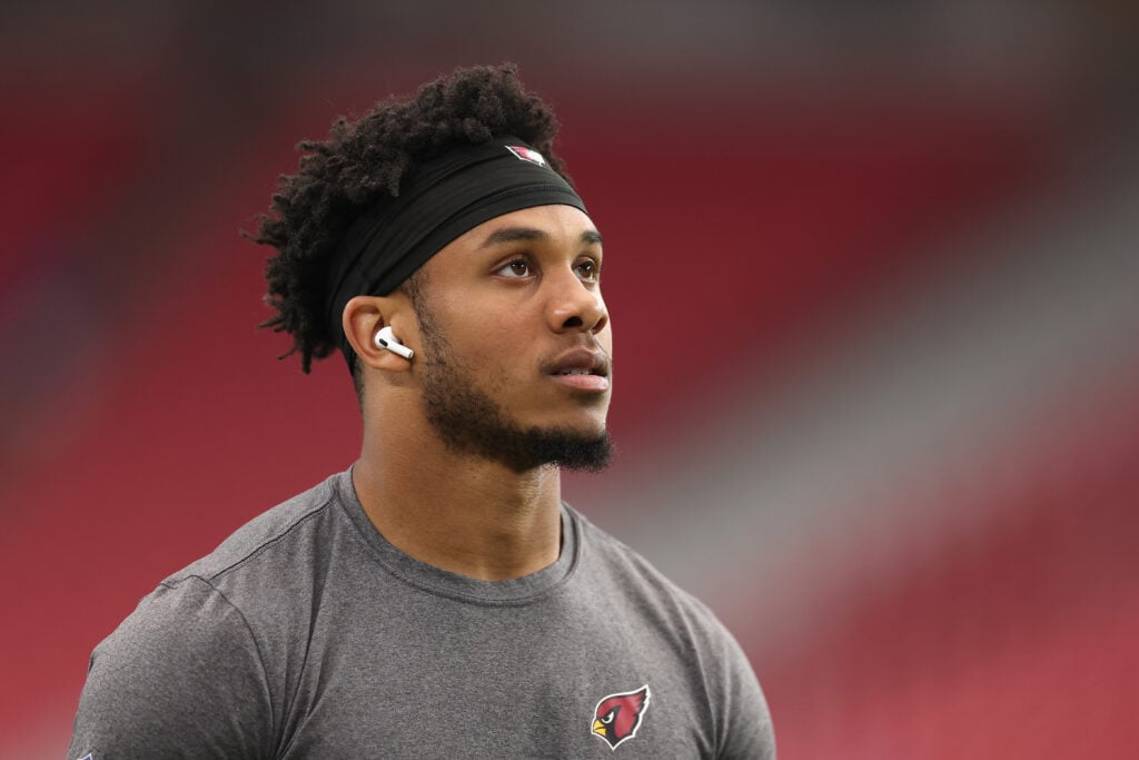 Wide receiver Rondale Moore #4 of the Arizona Cardinals warms up before the NFL game against the Los Angeles Rams at State Farm Stadium on November 26, 2023 in Glendale, Arizona.