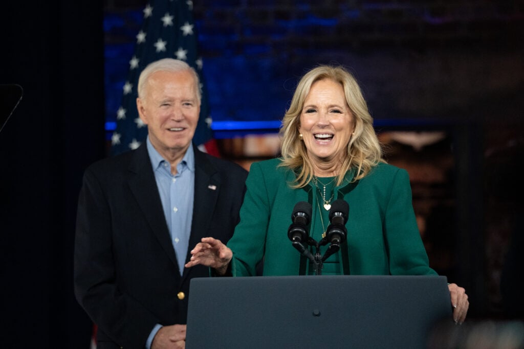 President Joe Biden and First Lady Dr. Jill Biden ahead of him speaking at a campaign event at Pullman Yards on March 9, 2024 in Atlanta, Georgia.