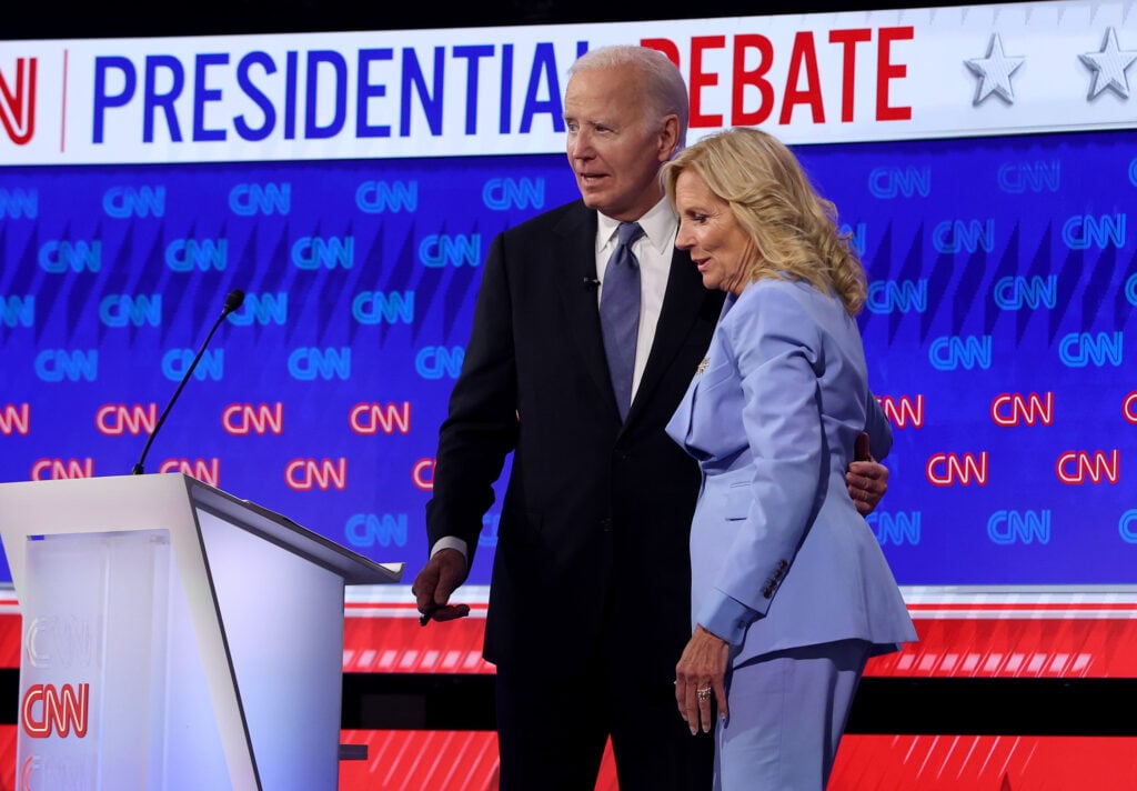 U.S. President Joe Biden embraces first lady Jill Biden following the CNN Presidential Debate at the CNN Studios on June 27, 2024 in Atlanta, Georgia.