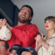Travis Kelce, left, and Taylor Swift react as the Edmonton Oilers and the Florida Panthers play during the first period in Game Four of the 2025 Stanley Cup Final at Amerant Bank Arena on June 12, 2025 in Sunrise, Florida.