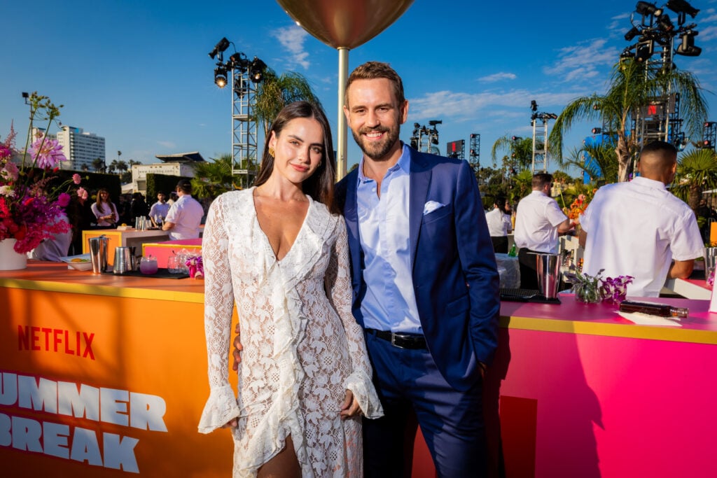 Natalie Joy and Nick Viall attend Netflix Summer Break at Santa Monica Pier on July 17, 2025 in Santa Monica, California.  