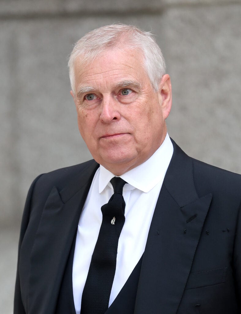 Prince Andrew, Duke of York attends the funeral of The Duchess of Kent at Westminster Cathedral on September 16, 2025 in London, England.