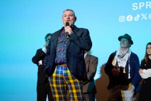 John Davidson speaks on stage during the London gala screening of "I Swear" at The Curzon Mayfair on September 29, 2025 in London, England.