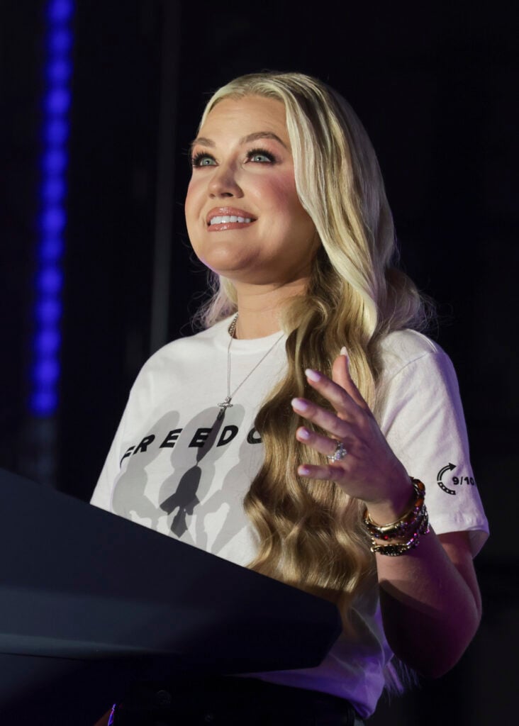 Erika Kirk, widow of Turning Point USA founder Charlie Kirk, speaks during a Turning Point USA event where U.S. Vice President JD Vance is expected, at the Pavilion at Ole Miss at the University of Mississippi, on October 29, 2025 in Oxford, Mississippi.