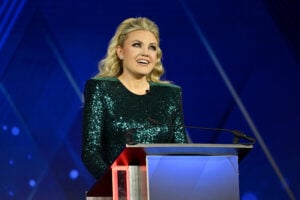 Erika Kirk accepts the inaugural Charlie Kirk Legacy Award onstage during the 2025 Fox Nation Patriot Awards at Tilles Center for the Performing Arts on November 06, 2025 in Greenvale, New York.
