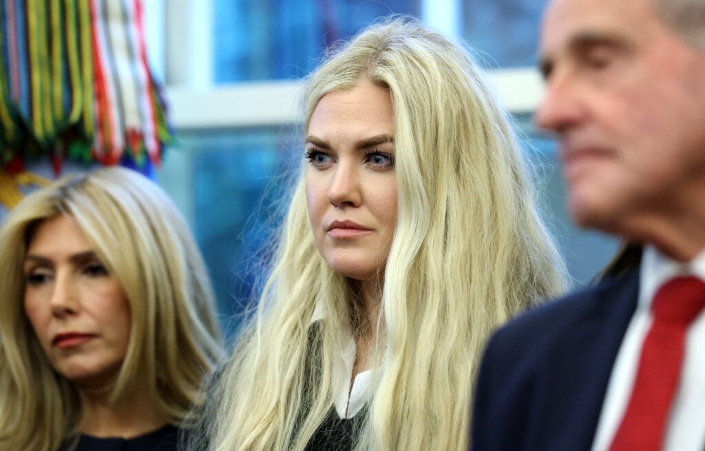 Erika Kirk, the wife of the late conservative activist and media personality Charlie Kirk, attends the swearing-in ceremony of U.S. Ambassador to India Sergio Gor in the Oval Office of the White House on November 10, 2025 in Washington, DC.