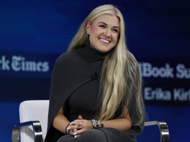 C.E.O. and Chair of the Board of Turning Point USA Erika Kirk sits silently onstage during the 2025 New York Times Dealbook Summit at Jazz at Lincoln Center on December 03, 2025 in New York City.