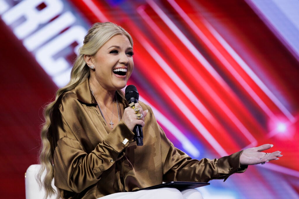 Erika Kirk interviews surprise guest Nicki Minaj on the final day of Turning Point USA's annual AmericaFest conference at the Phoenix Convention Center on December 21, 2025 in Phoenix, Arizona.  