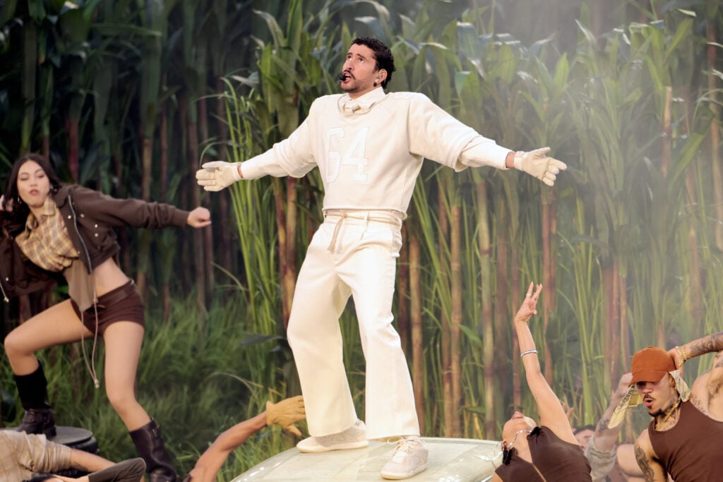 Bad Bunny performs onstage during the Apple Music Super BowlÂ LX Halftime Show at Levi's Stadium on February 08, 2026 in Santa Clara, California. 