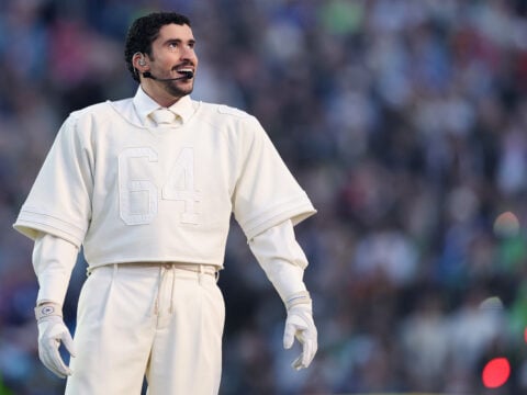 Bad Bunny performs onstage during the Apple Music Super Bowl LX Halftime Show at Levi's Stadium on February 08, 2026 in Santa Clara, California.