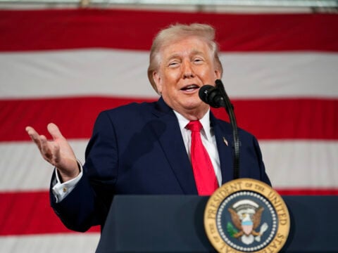 U.S. President Donald Trump speaks during a visit to the Fort Bragg U.S. Army base on February 13, 2026 in Fort Bragg, North Carolina.