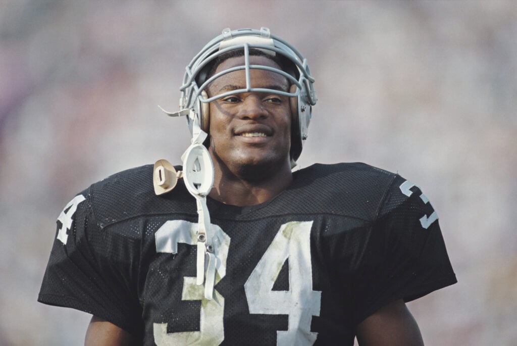 Bo Jackson #34, Full Back for the Los Angeles Raiders  during the American Football Conference West game against the Kansas City Chiefs on 15 October 1989 at the Los Angeles Memorial Coliseum, Los Angeles, California, United States. 