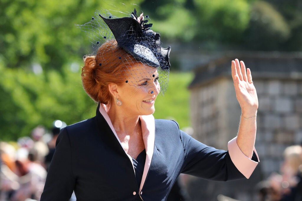 Sarah, Duchess of York arrives at St George's Chapel at Windsor Castle before the wedding of Prince Harry to Meghan Markle on May 19, 2018 in Windsor, England.
