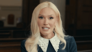 Gwen Stefani looks into the camera in a church