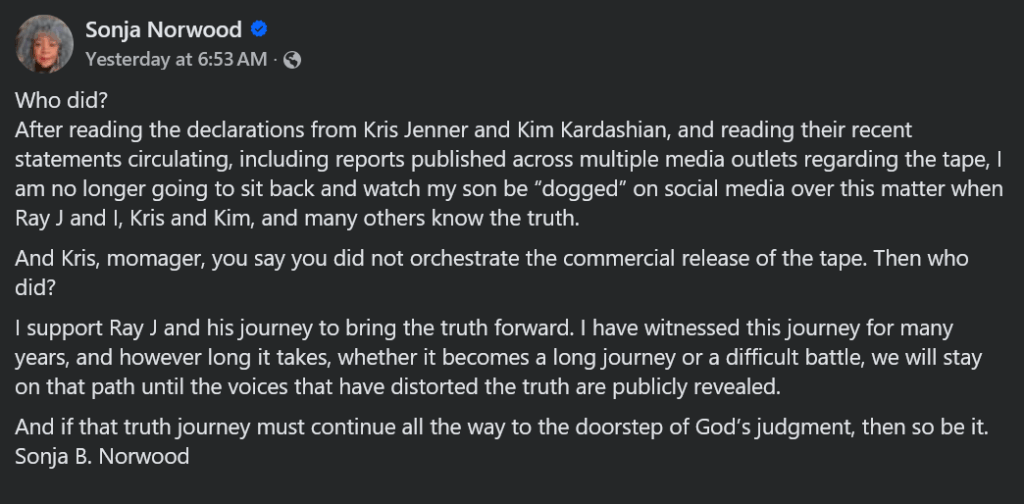 A dark mode screenshot of Sonja Norwood's facebook post.