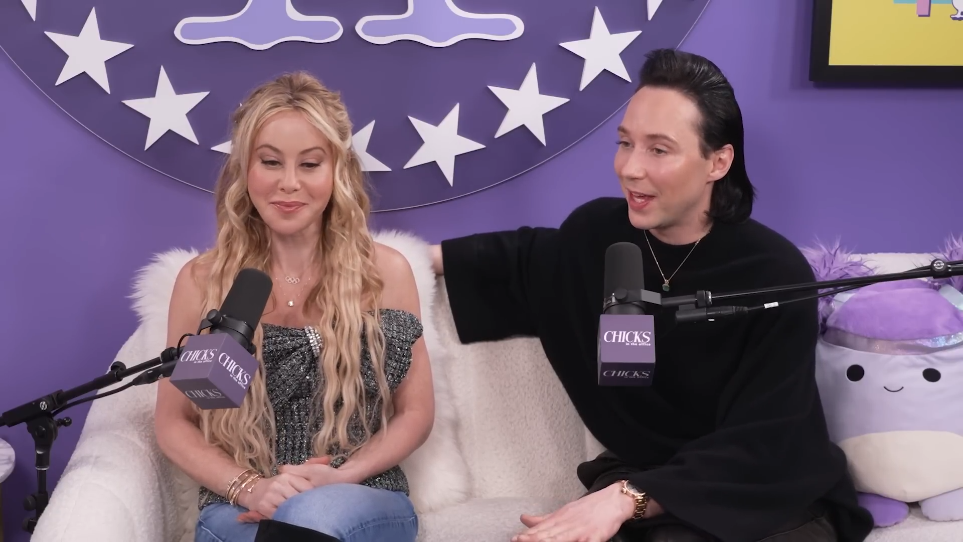 Tara Lipinski and Johnny Weir on a podcast.