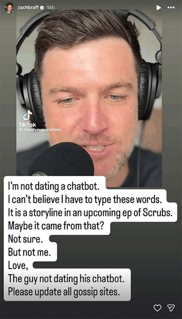 Zach Braff Instagram Story screenshot.