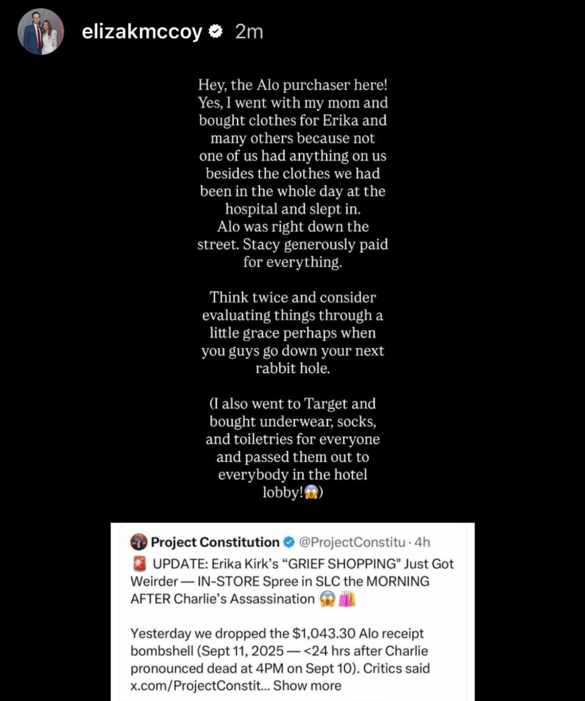 Elizabeth McCoy's Instagram Story post.