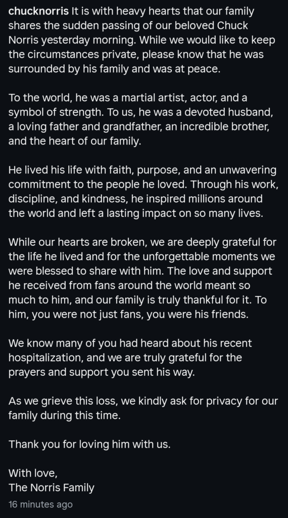 A dark mode screenshot of the March 20, 2026 Instagram post revealing Chuck Norris' passing.