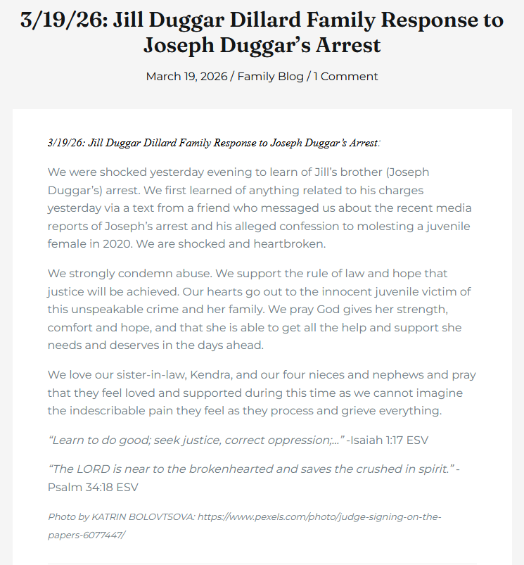 A statement from Derick Dillard and Jill Duggar.