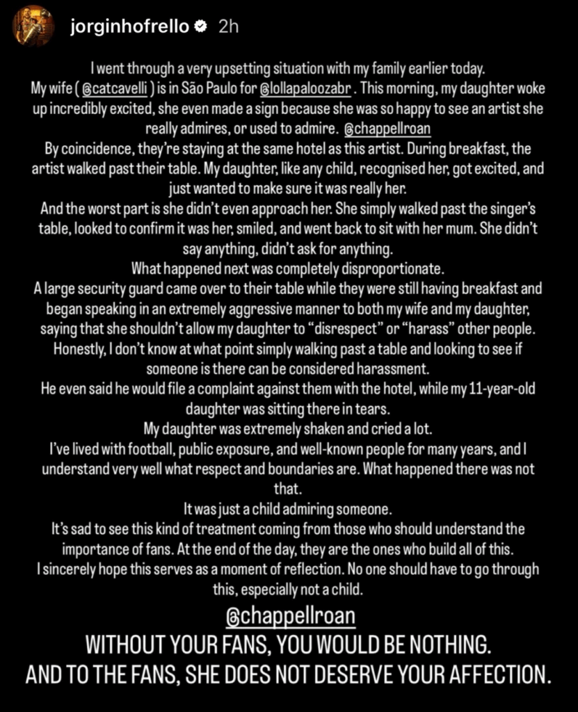 A screenshot of Jorginho's Instagram Story post about Chappell Roan.