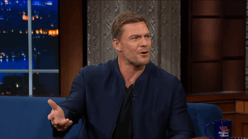 Alan Ritchson speaks to Colbert.