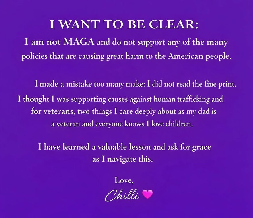 Rozonda "Chilli" Thomas text post claiming that she is not MAGA despite financial donations.
