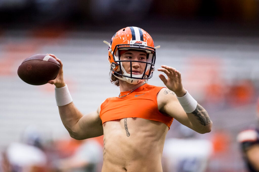 Rex Culpepper #17 of the Syracuse Orange warms up before the game against the Holy Cross Crusaders at the Carrier Dome on September 28, 2019 in Syracuse, New York.  