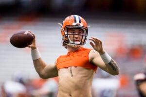 Rex Culpepper #17 of the Syracuse Orange warms up before the game against the Holy Cross Crusaders at the Carrier Dome on September 28, 2019 in Syracuse, New York.