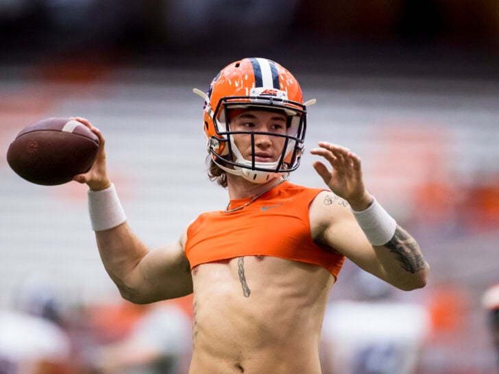 Rex Culpepper #17 of the Syracuse Orange warms up before the game against the Holy Cross Crusaders at the Carrier Dome on September 28, 2019 in Syracuse, New York.