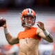 Rex Culpepper #17 of the Syracuse Orange warms up before the game against the Holy Cross Crusaders at the Carrier Dome on September 28, 2019 in Syracuse, New York.