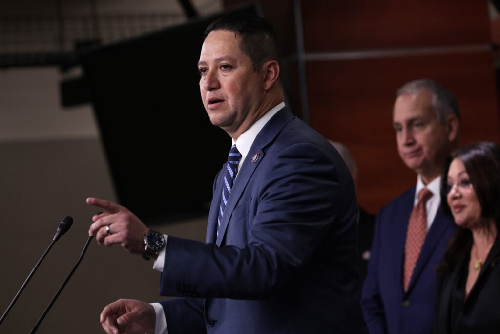 Flanked by members of the Congressional Hispanic Conference (CHC), co-chair Rep. Tony Gonzales (R-TX) speaks during a news conference at the U.S. Capitol on February 1, 2023 in Washington, DC.  