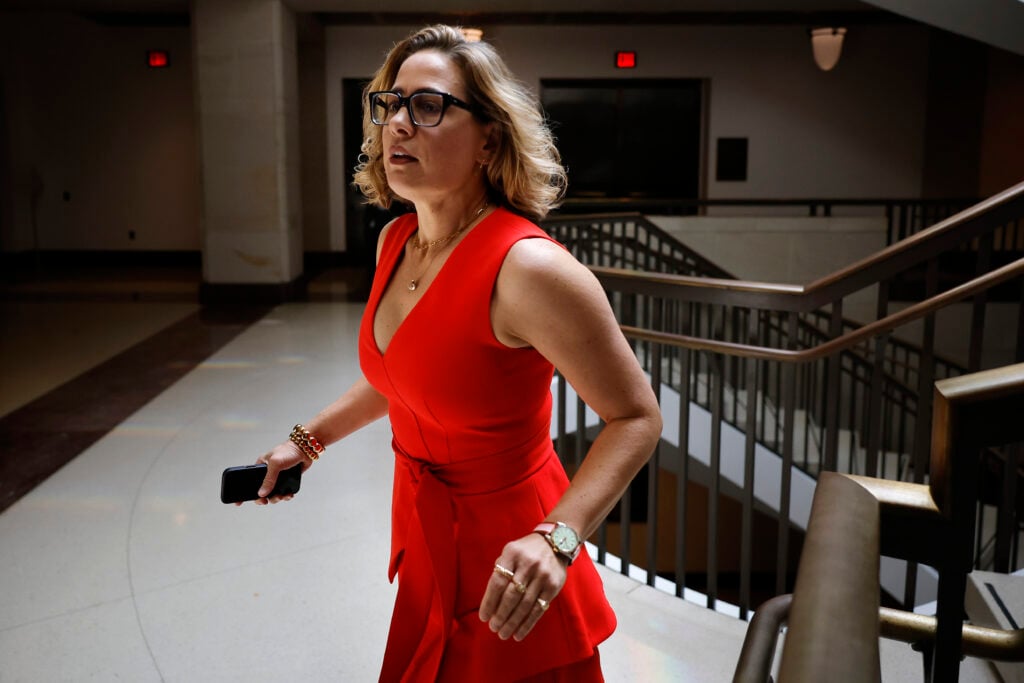 Sen. Kyrsten Sinema (I-AZ) arrives for a closed-door briefing by intelligence officials about the Discord leaks at the U.S. Capitol Visitors Center on April 19, 2023 in Washington, DC. 