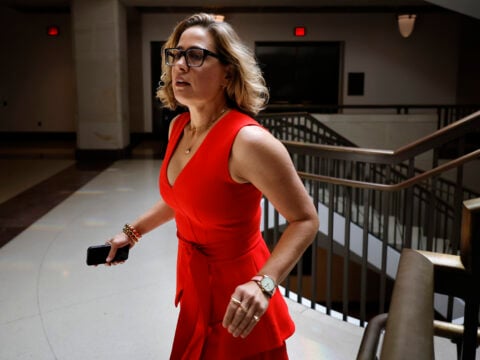 Sen. Kyrsten Sinema (I-AZ) arrives for a closed-door briefing by intelligence officials about the Discord leaks at the U.S. Capitol Visitors Center on April 19, 2023 in Washington, DC.