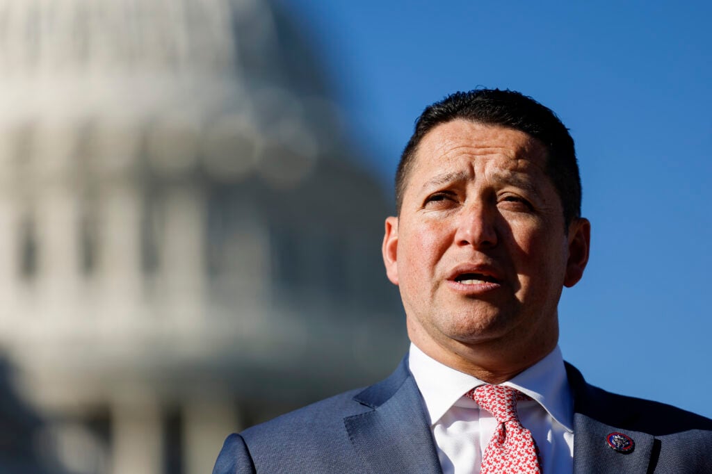 U.S. Rep. Tony Gonzales (R-TX) speaks alongside U.S. Rep. Marjorie Taylor Greene (R-GA) at a news conference on border security outside of the U.S. Capitol Building on November 14, 2023 in Washington, DC.  