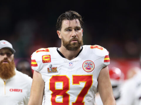 Travis Kelce #87 of the Kansas City Chiefs walks off the field at half time against the Philadelphia Eagles during Super Bowl LIX at Caesars Superdome on February 09, 2025 in New Orleans, Louisiana.