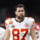 Travis Kelce #87 of the Kansas City Chiefs walks off the field at half time against the Philadelphia Eagles during Super Bowl LIX at Caesars Superdome on February 09, 2025 in New Orleans, Louisiana.