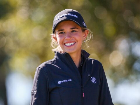 Amateur golfer Kai Trump looks on from the 11th tee prior to The ANNIKA driven by Gainbridge at Pelican 2025 at Pelican Golf Club on November 12, 2025 in Belleair, Florida.
