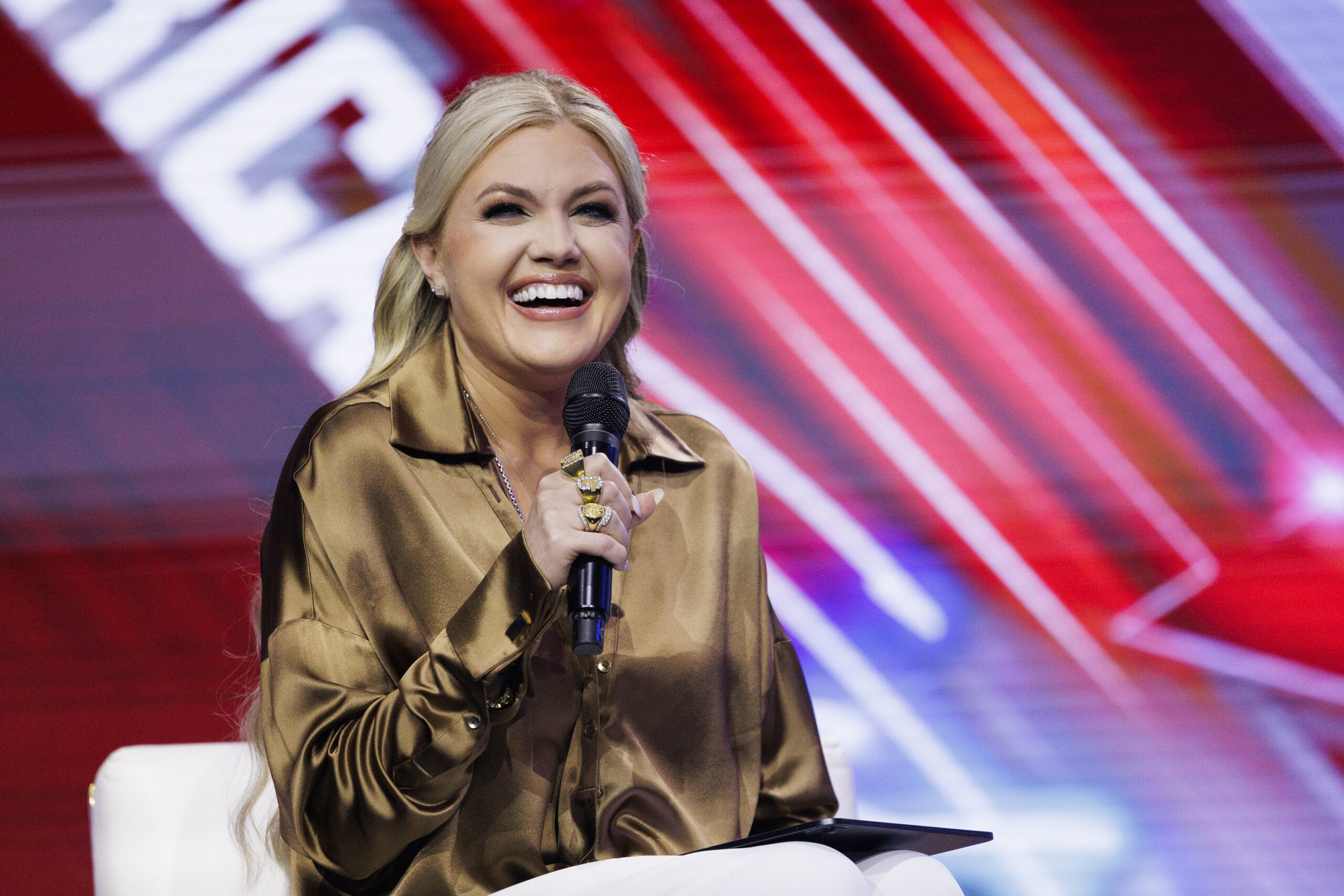 Erica Kirk interviews surprise guest Nicki Minaj on the final day of Turning Point USA's annual AmericaFest convention at the Phoenix Convention Center on December 21, 2025 in Phoenix, Arizona.