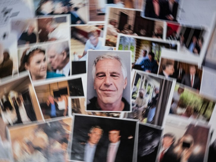 This photograph taken in Le-Perreux-sur-Marne, outside Paris on February 9, 2026 shows undated pictures provided by the US Department of Justice on January 30, 2026 as part of the Jeffrey Epstein files.