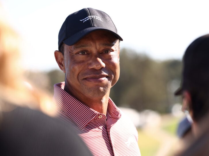 Tiger Woods of the United States looks on from the 18th green during the final round of The Genesis Invitational 2026 at Riviera Country Club on February 22, 2026 in Pacific Palisades, California.