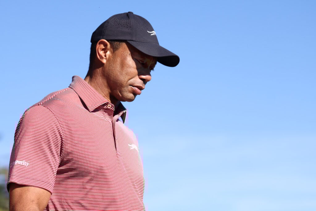 Tiger Woods of the United States looks on from the 18th green during the final round of The Genesis Invitational 2026 at Riviera Country Club on February 22, 2026 in Pacific Palisades, California. 