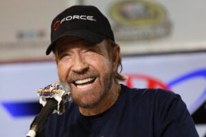 Chuck Norris speaks with the media during a press conference prior to the NASCAR Sprint Cup Series AAA Texas 500 at Texas Motor Speedway on November 6, 2016 in Fort Worth, Texas.