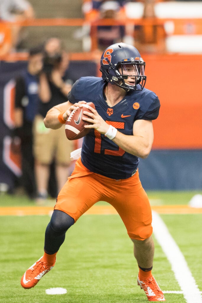 Rex Culpepper #15 of the Syracuse Orange moves in the pocket during the second half against the Central Connecticut State Blue Devils on September 1, 2017 at The Carrier Dome in Syracuse, New York. 