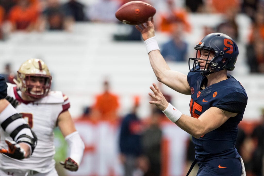 Rex Culpepper #15 of the Syracuse Orange passes the ball during the first quarter against the Boston College Eagles at the Carrier Dome on November 25, 2017 in Syracuse, New York.  