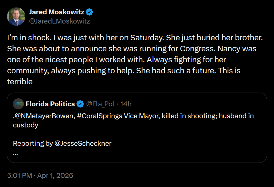 Florida Rep. Jared Moskowitz dark mode tweet screenshot.